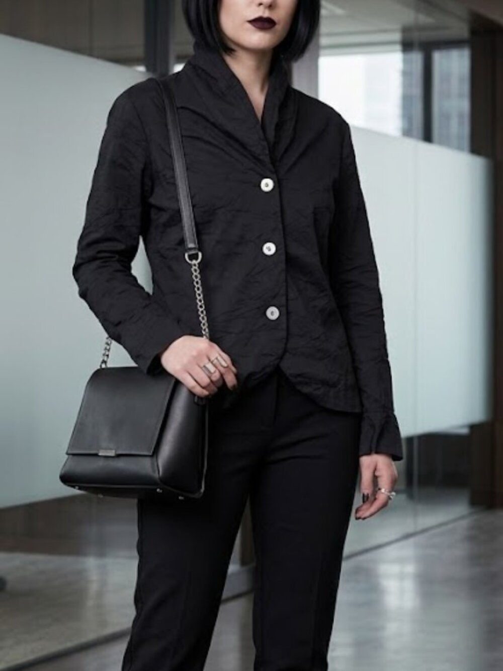 Nicole Miller New York Vintage 90s Black Crinkle Jacket Blouse Shawl Collar